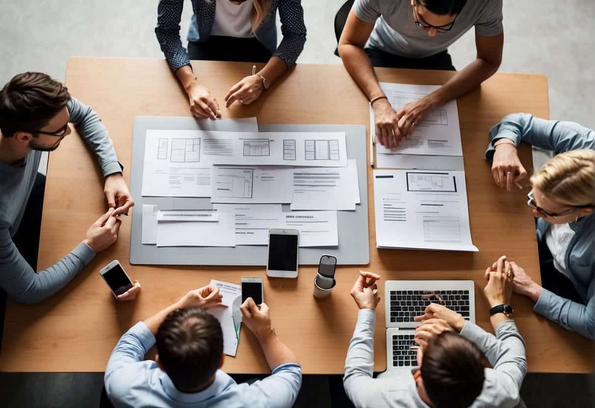 A group of people are gathered around a table, working together on Balsamiq Quick and Effective Mockups. They are engaged in lively discussion and actively collaborating on the project