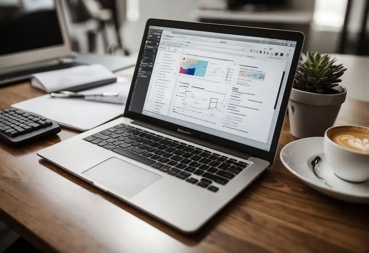 A desk with a computer displaying Balsamiq software, surrounded by design sketches, coffee cup, and notepads