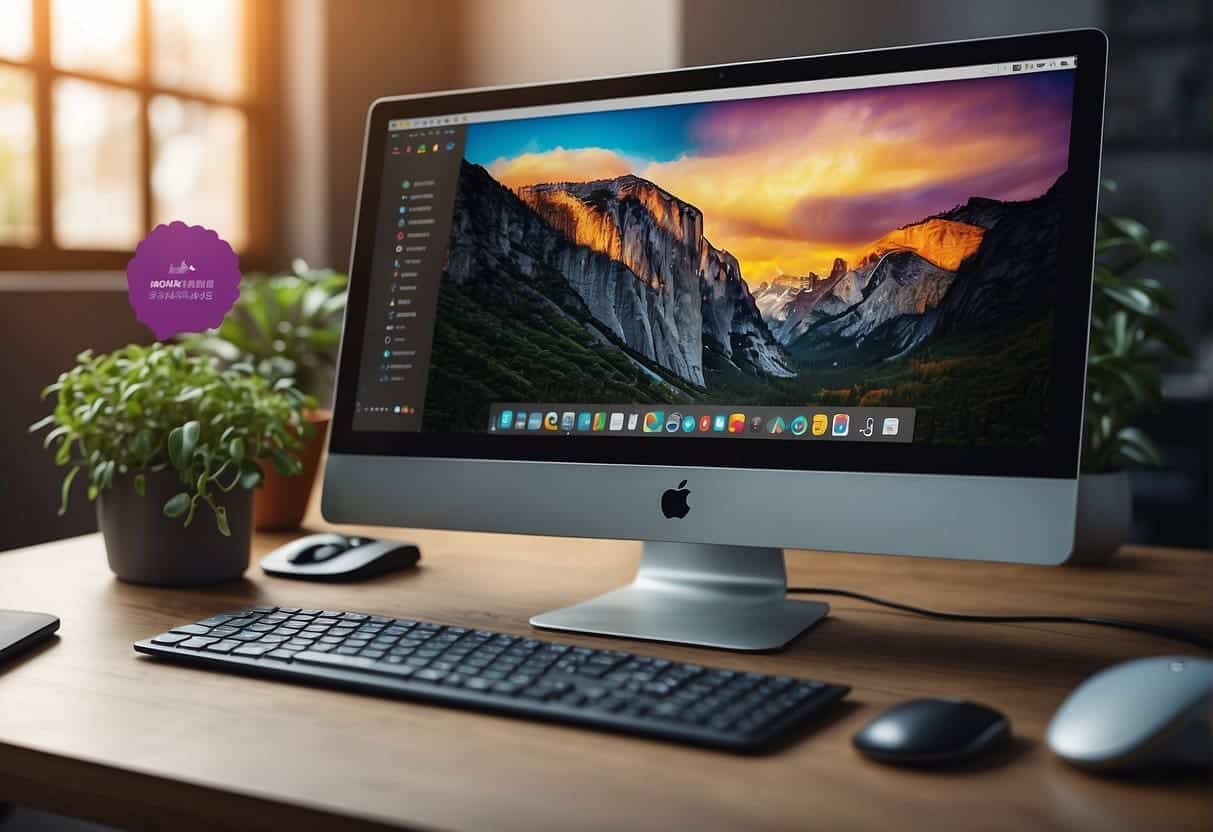 A computer with Affinity Designer open, surrounded by colorful design elements and text reading "Frequently Asked Questions Affinity Designer."