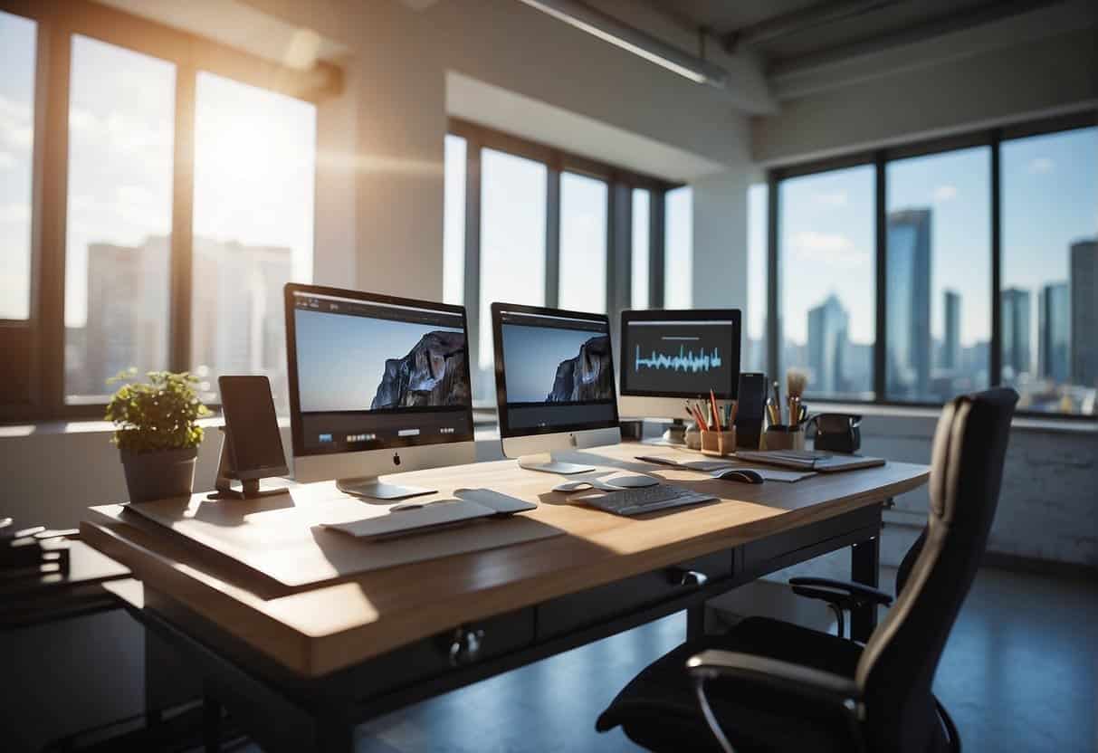 A modern office desk with a computer, graphic tablet, and drawing tools. Bright light coming from a window. Clean and organized workspace