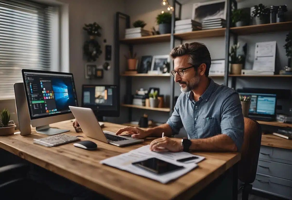 A small business owner sits at a desk with a computer, designing a publication using CorelDRAW software. The room is filled with creative tools and resources