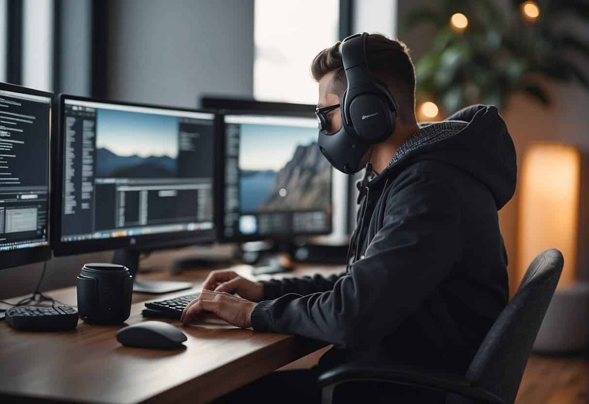 A person sits at a desk with a computer, using GIMP software to edit images. A stack of photos and a budget-friendly camera are nearby