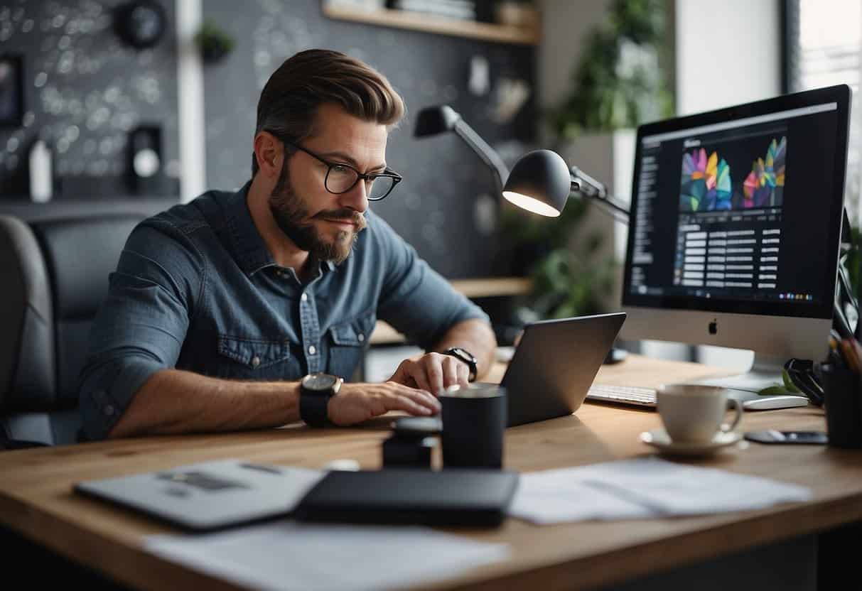 Creating Professional Designs with Canva - A designer sits at a desk, surrounded by a computer, tablet, and various design tools. The room is bright and organized, with inspirational artwork on the walls
