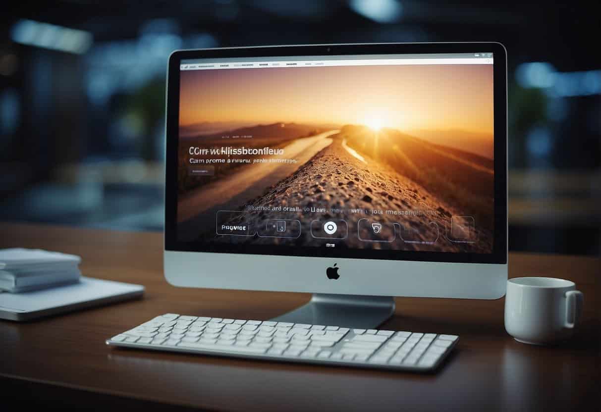 A computer screen with Canva interface open, design elements being dragged and dropped, and a "share" button being clicked