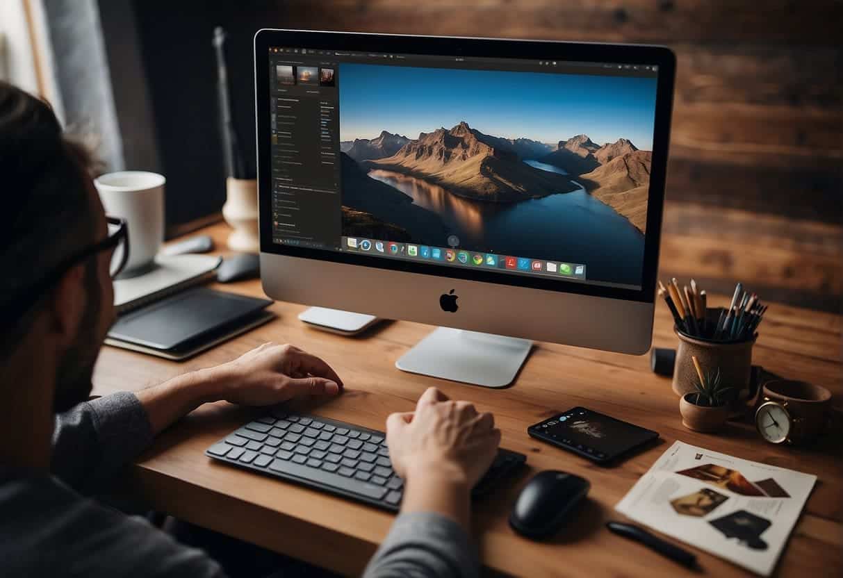 A professional designer uses Canva to create designs, surrounded by a computer, tablet, and various design tools on a desk