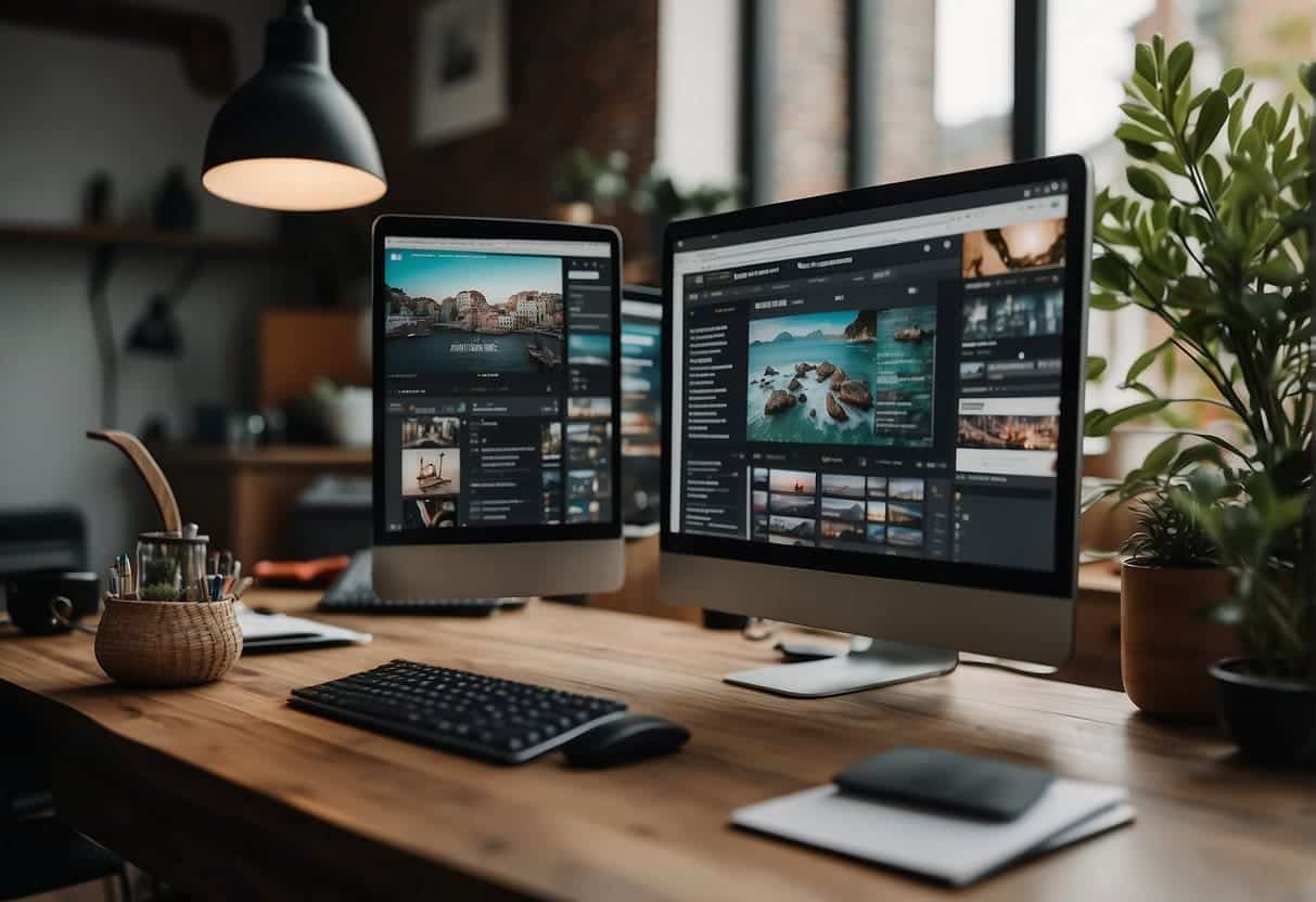 A computer screen with a web designer portfolio open in Photoshop, surrounded by small business branding materials and design sketches