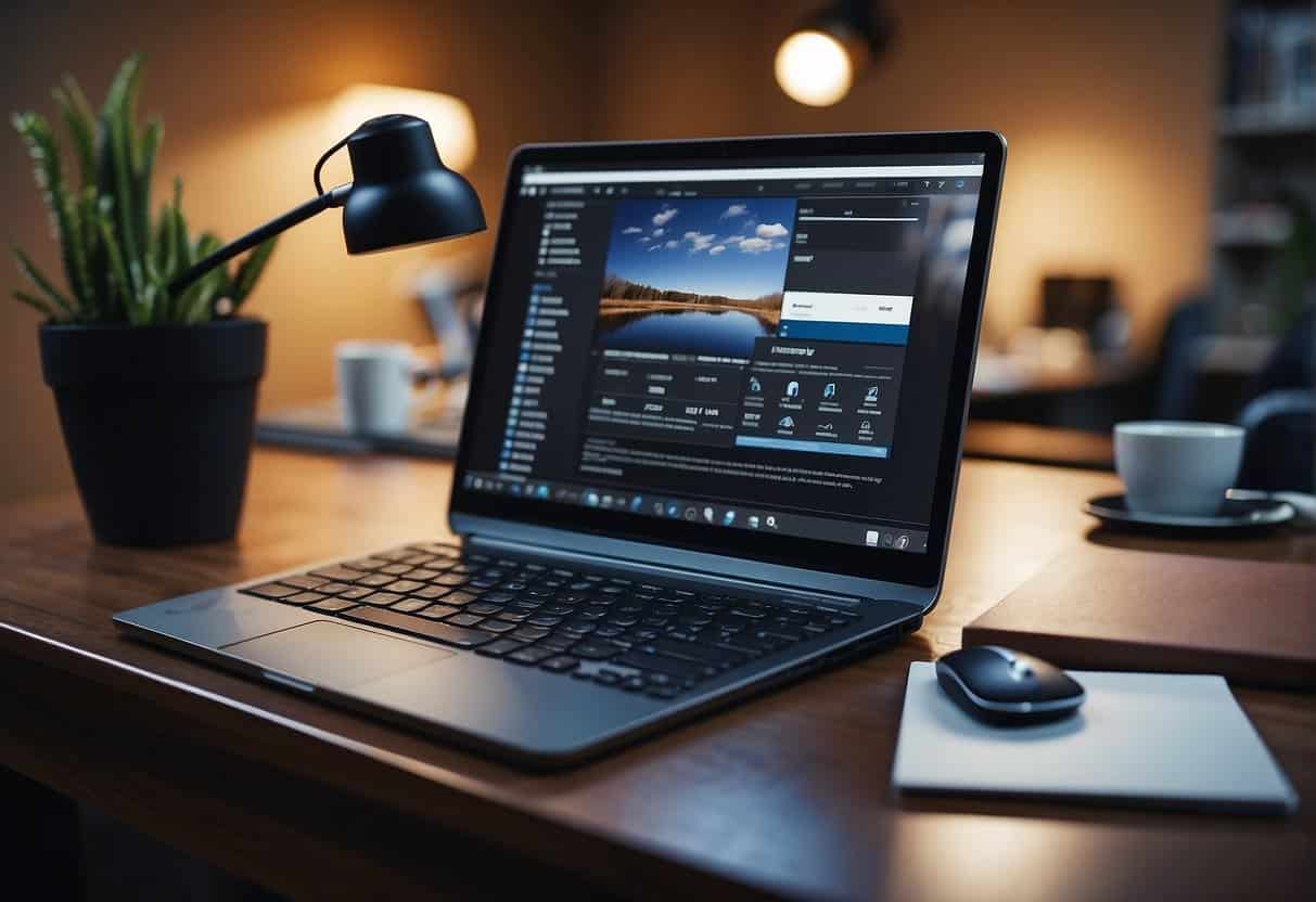 A desk with a computer, mouse, and keyboard. A tablet with a stylus. A book titled "Photoshop Basics for Small Business Web Designers"