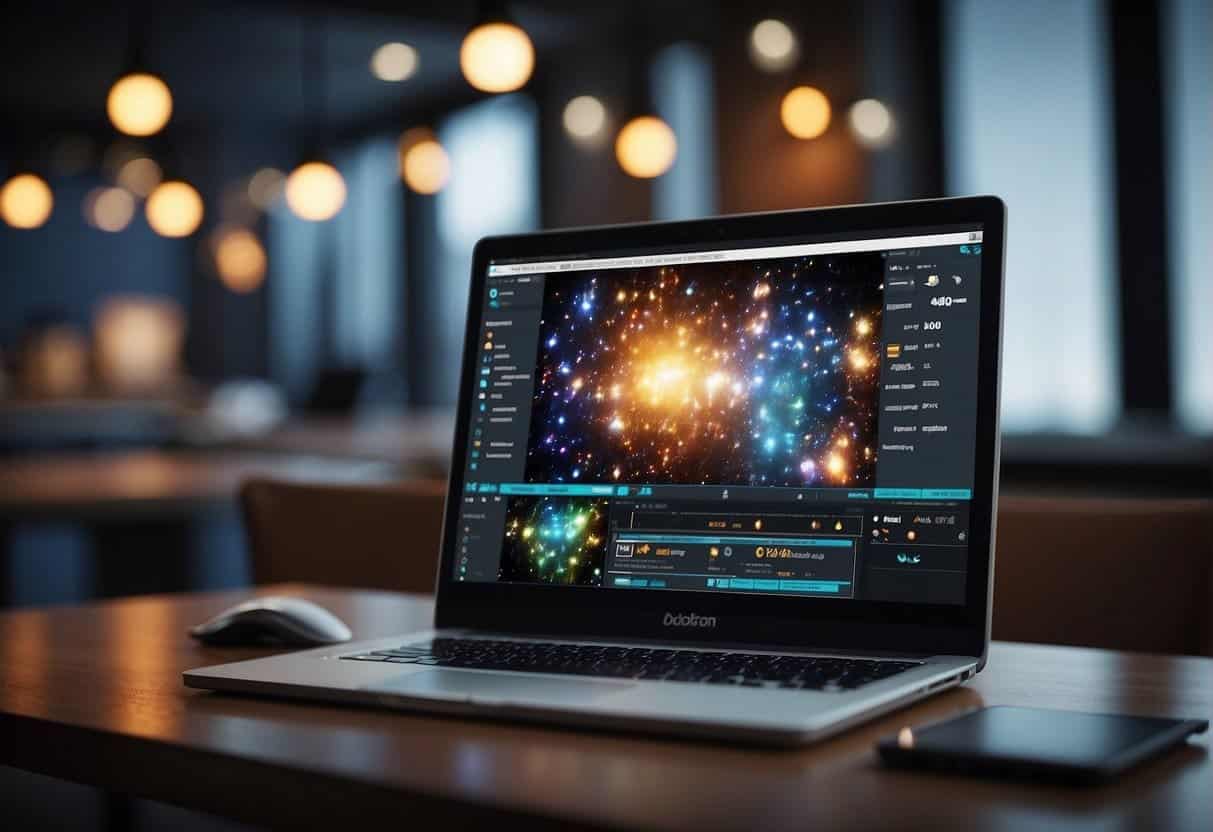 A computer screen showing Photoshop interface with interactive elements and animation tools