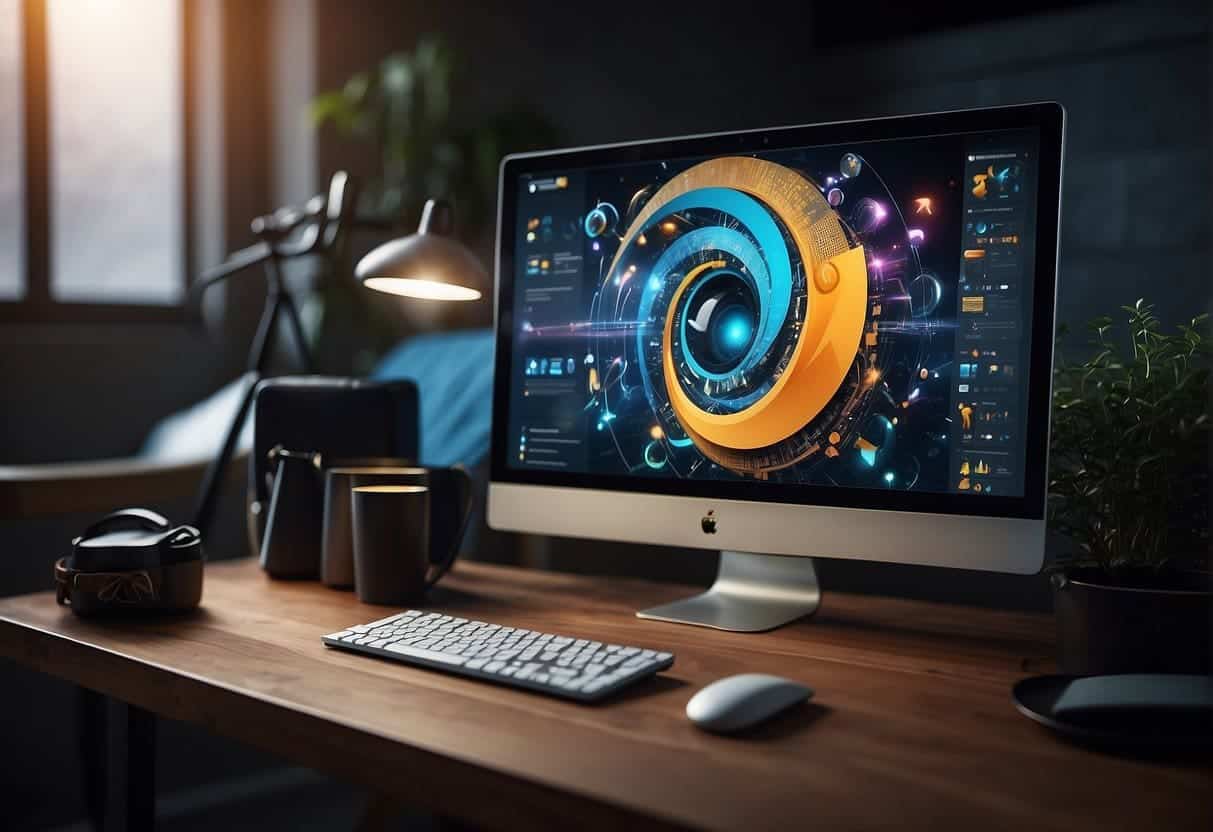 A computer with Adobe Illustrator open, showing vector graphics being created and edited with various tools and shapes