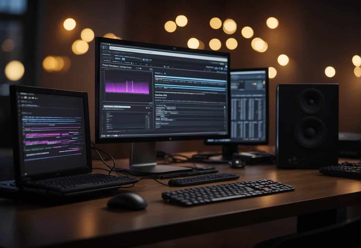 A computer with Adobe After Effects open, a video timeline displayed, and various effects and tools being used to enhance web videos