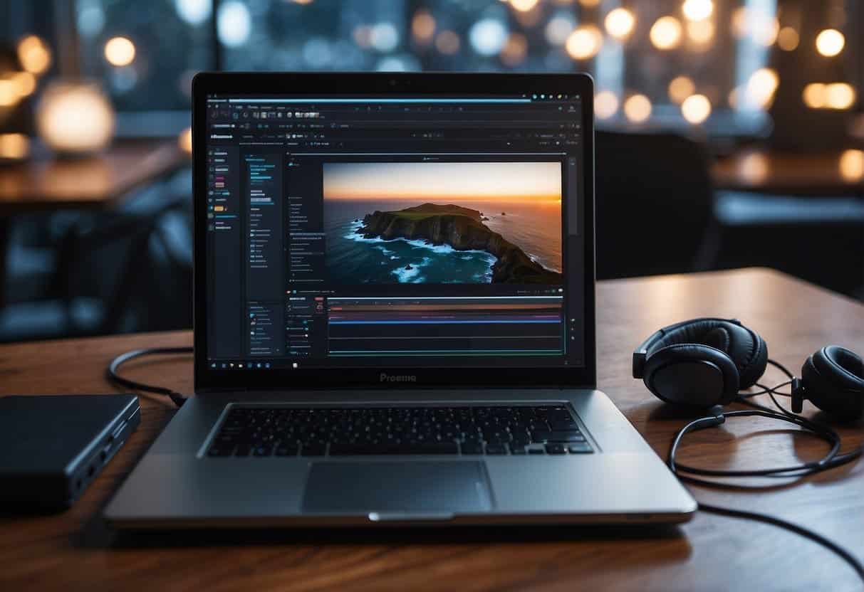 Premiere Pro Tips - A laptop with Premiere Pro open, surrounded by external hard drives, headphones, and a notebook with editing notes