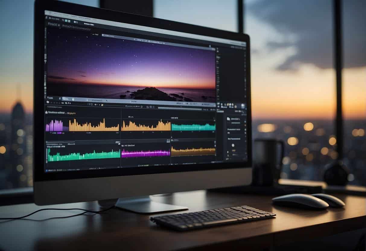 A computer screen displaying the Premiere Pro interface with various editing tools and timelines. A budget-friendly setup with minimalistic workspace
