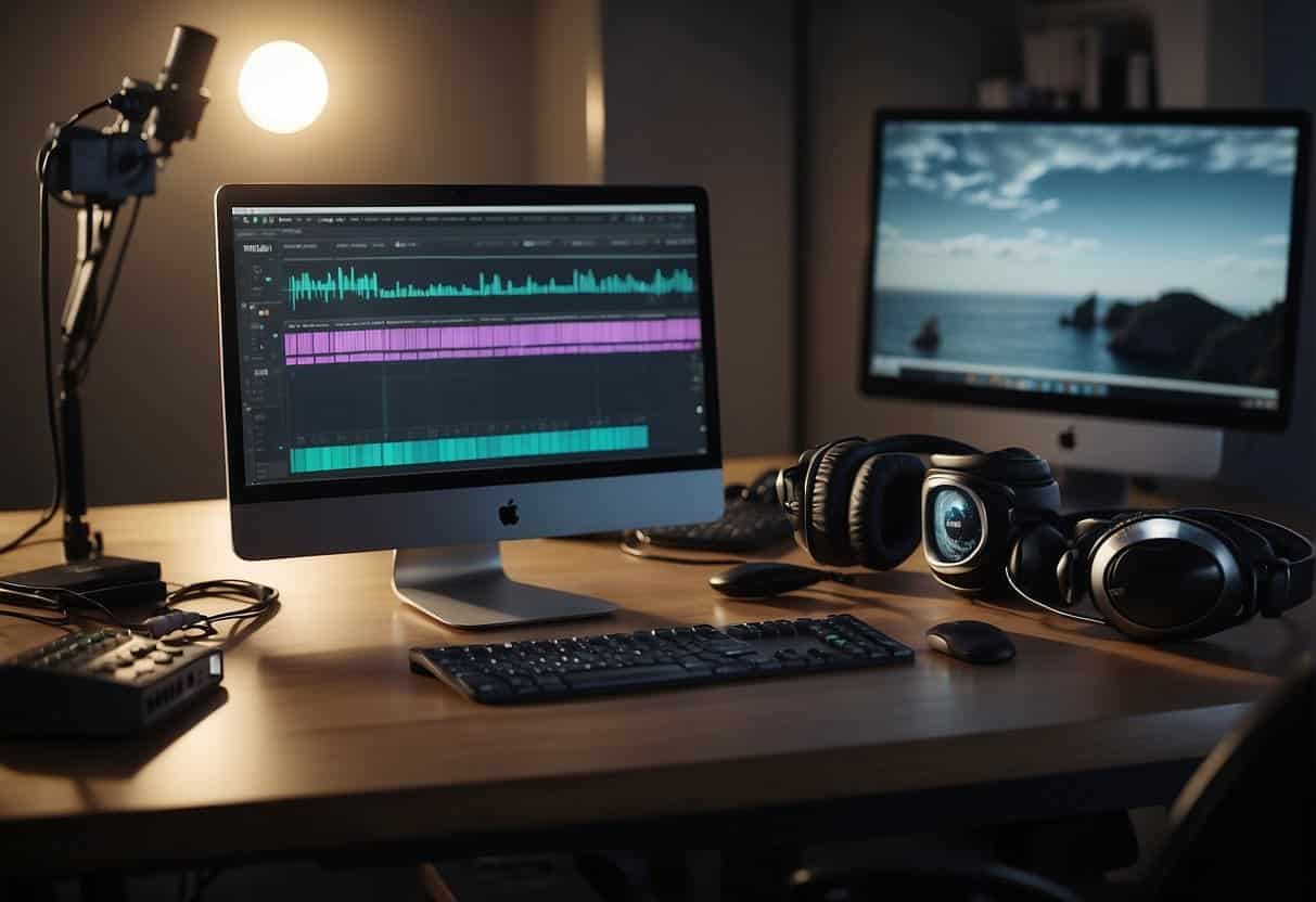 A computer screen with Premiere Pro open, showing a timeline with video and audio tracks. A microphone and headphones sit on the desk next to the keyboard