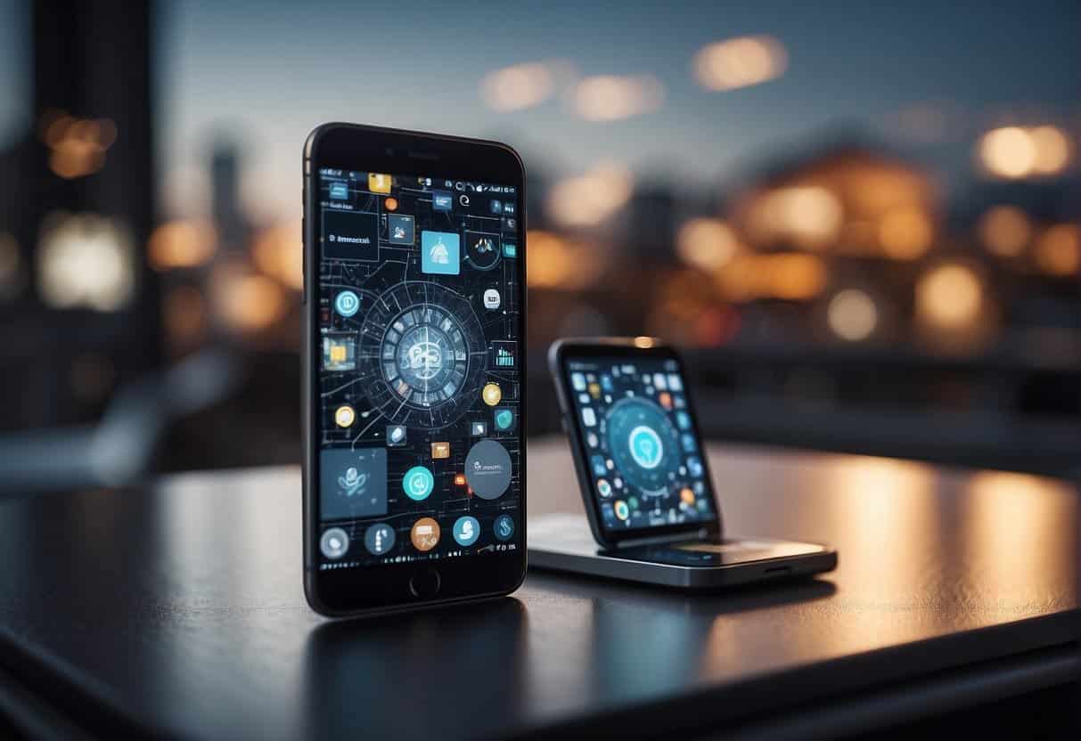A smartphone with AI optimizing mobile app experiences, surrounded by digital icons and data visualizations
