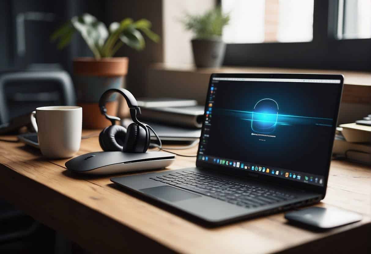 A laptop sits on a cluttered desk with headphones, a notepad, and a cup of coffee. A window lets in natural light, illuminating the workspace. A keyboard and mouse are ready for editing