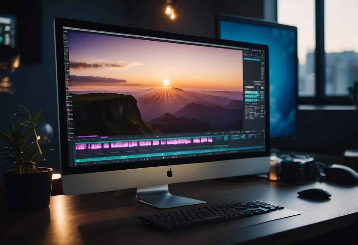 A computer screen displaying Premiere Pro with various editing tools and timelines. A desk with a keyboard, mouse, and notebook. Soft lighting and a comfortable workspace