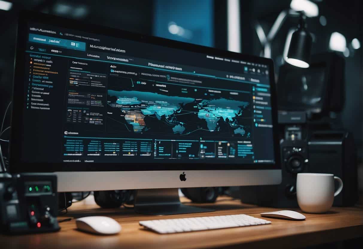 A computer with a WordPress website open, displaying the dashboard and various plugins and themes options. Multiple tabs open for research and coding