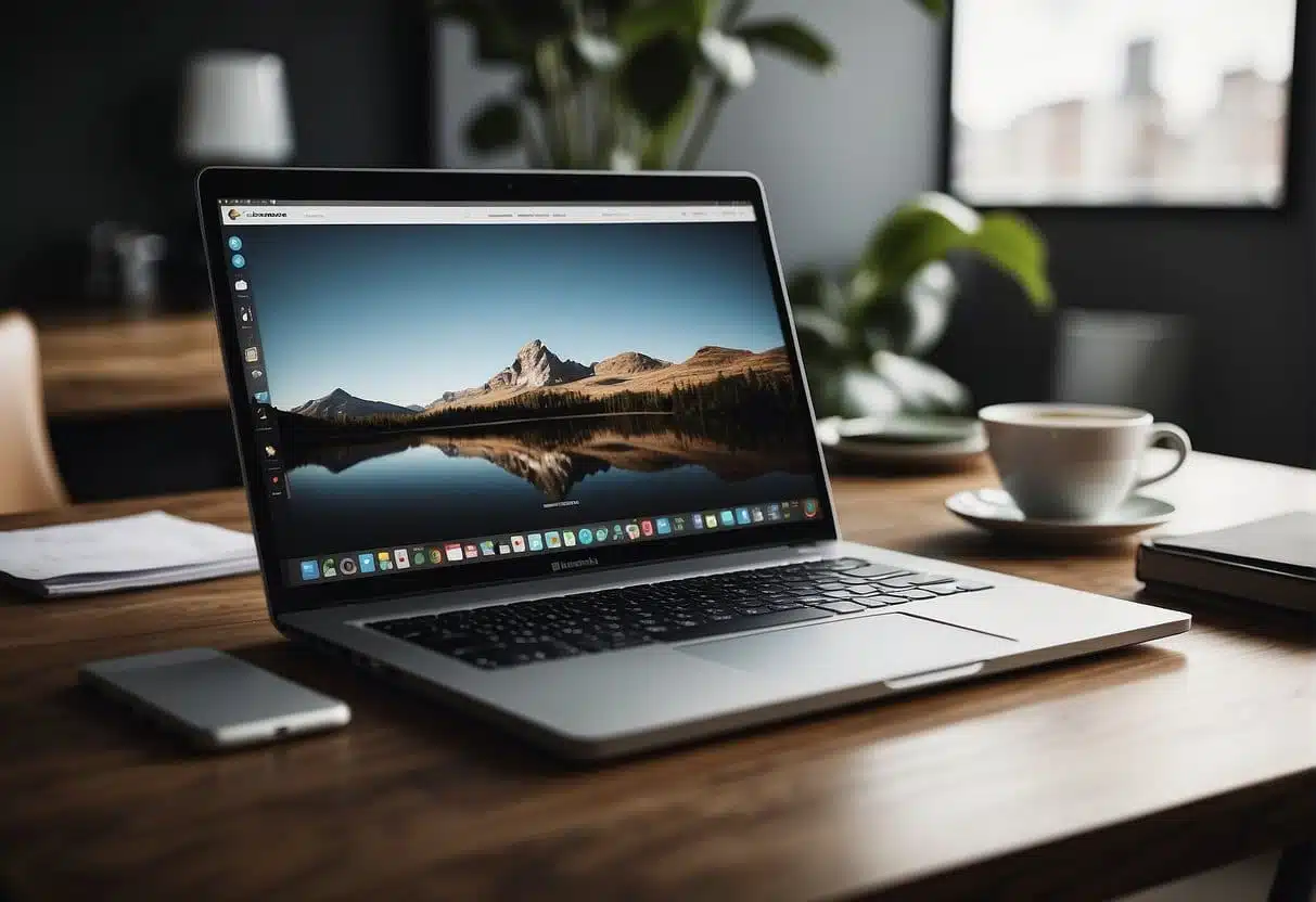 A laptop with a sleek design sits on a modern desk, showcasing a website titled "Structuring Your Website Squarespace." The screen displays a visually stunning and user-friendly interface, highlighting the quick and easy website building process