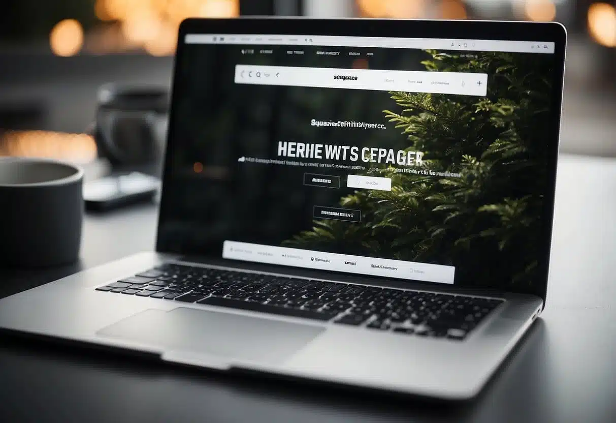 A laptop displaying a sleek, modern website design with the Squarespace logo prominently featured. A stylized "build" icon hovers over the screen