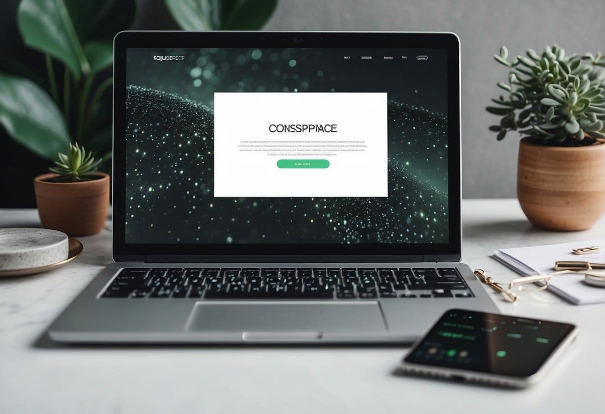 A laptop with Squarespace website on screen, surrounded by design elements and tools. Bright, modern aesthetic