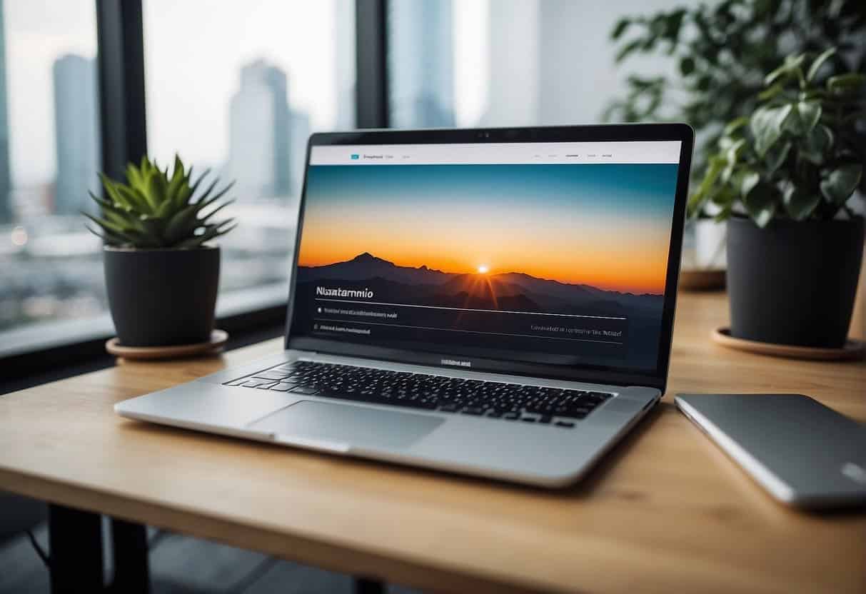 A laptop displaying a sleek, modern website design with customizable features and easy editing tools. Bright, clean workspace with minimalistic decor