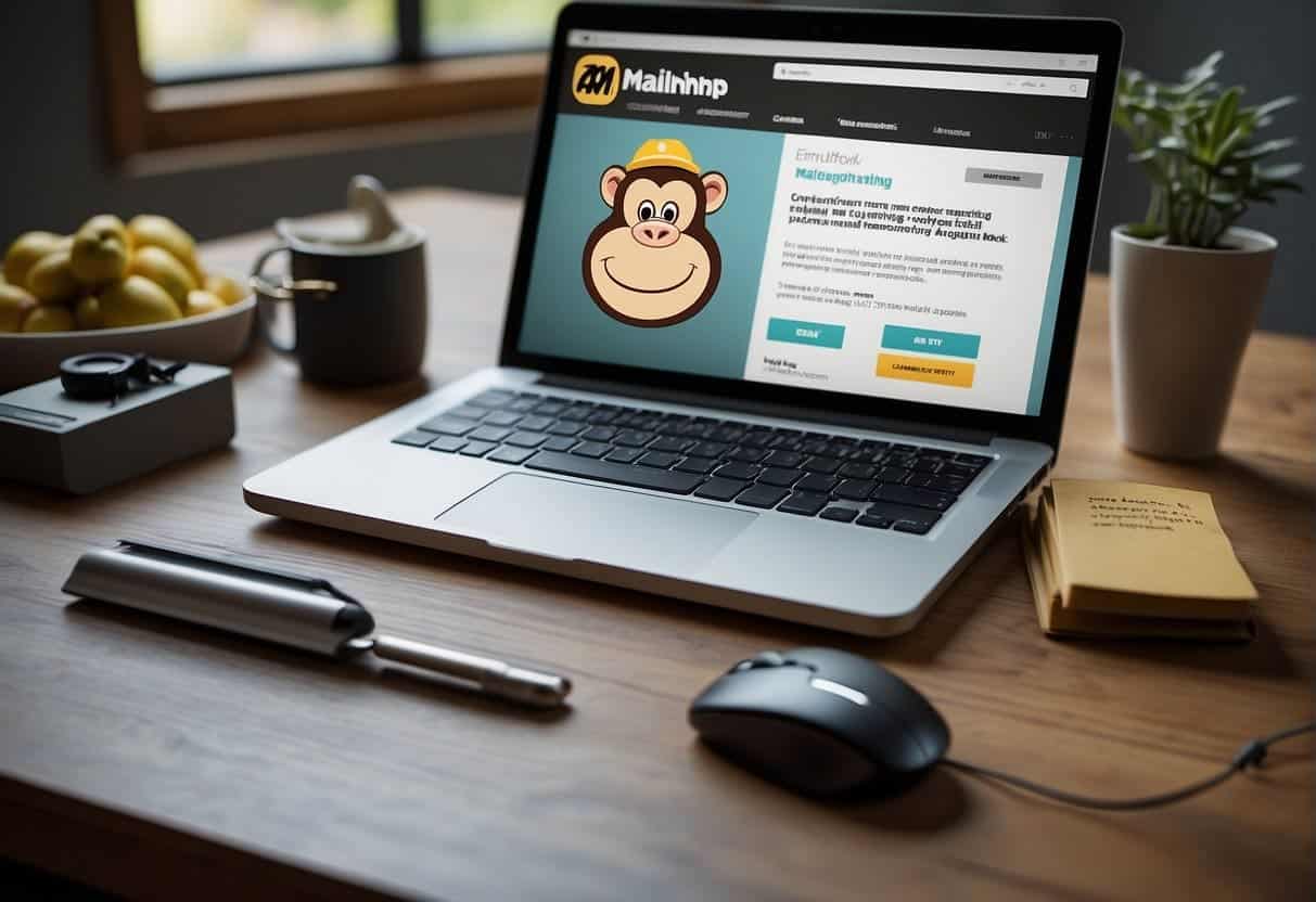 A computer screen displaying Mailchimp's email marketing and web design integration tools. A mouse hovers over the interface, ready to click