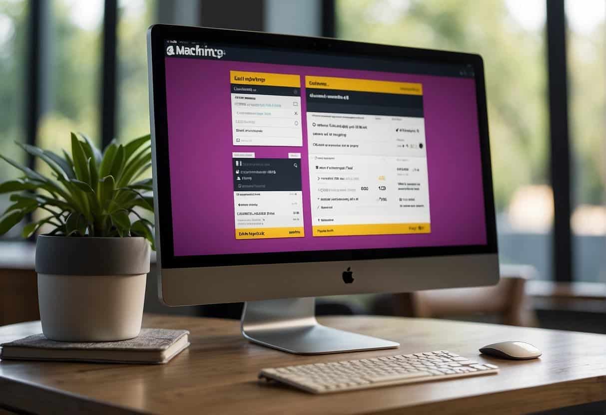 A desk with a computer displaying SEO tools, surrounded by charts and graphs. A competitor's website is shown on the screen for analysis