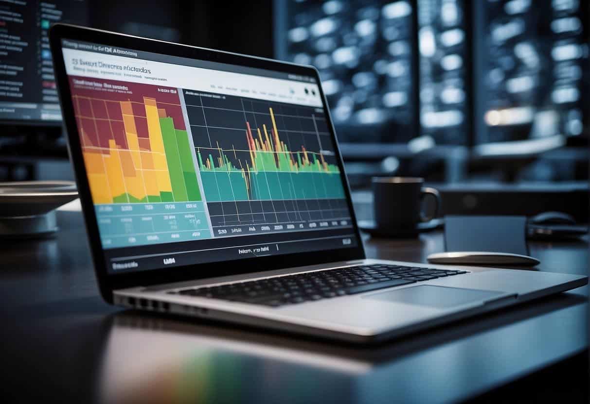 A computer screen displaying various charts and graphs, with a dashboard showing SEO key performance indicators. Mouse and keyboard nearby