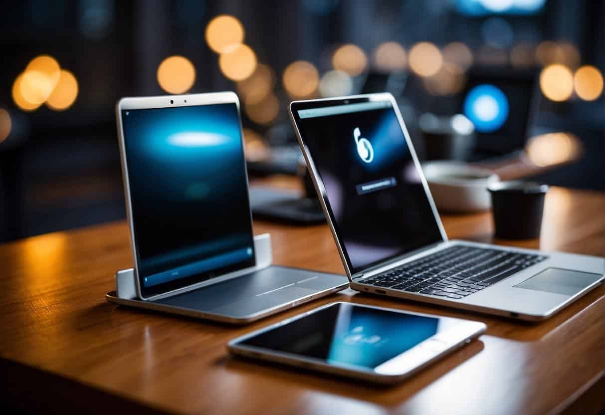 A laptop, tablet, and smartphone sit on a desk, each displaying social media platforms. A bright spotlight shines on them, symbolizing their power for enhancing web presence