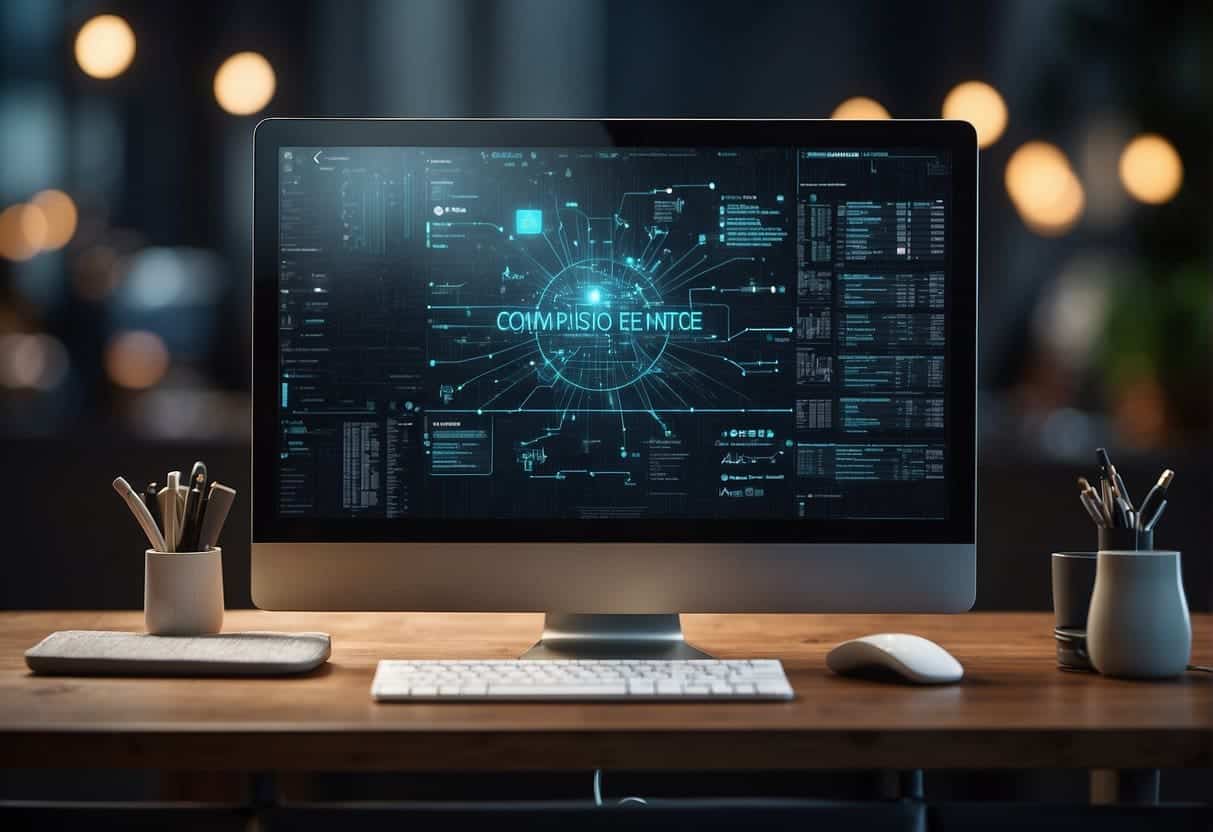 A computer screen displaying a webpage with various visual elements, surrounded by SEO optimization tools and techniques
