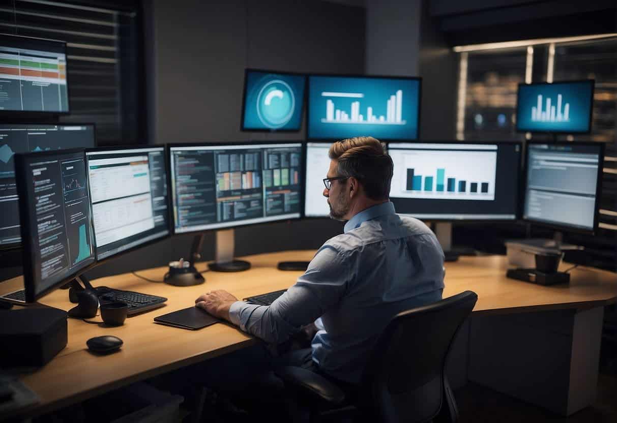 A small business owner sits at a desk, surrounded by computer screens and paperwork. A CRM system is displayed on the screen, with various budget-friendly options highlighted. The owner looks determined to scale their business using the CRM system