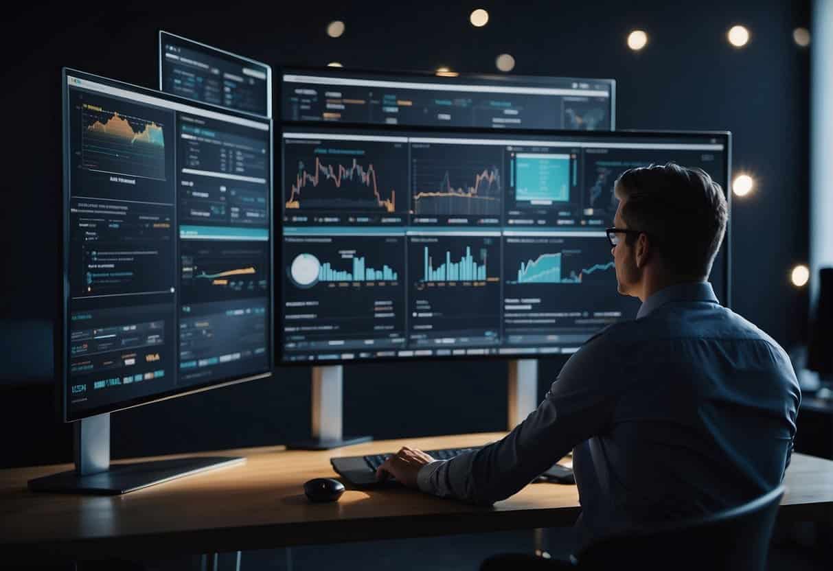 A person monitors campaigns and trends, using SEO dashboards to track key performance indicators