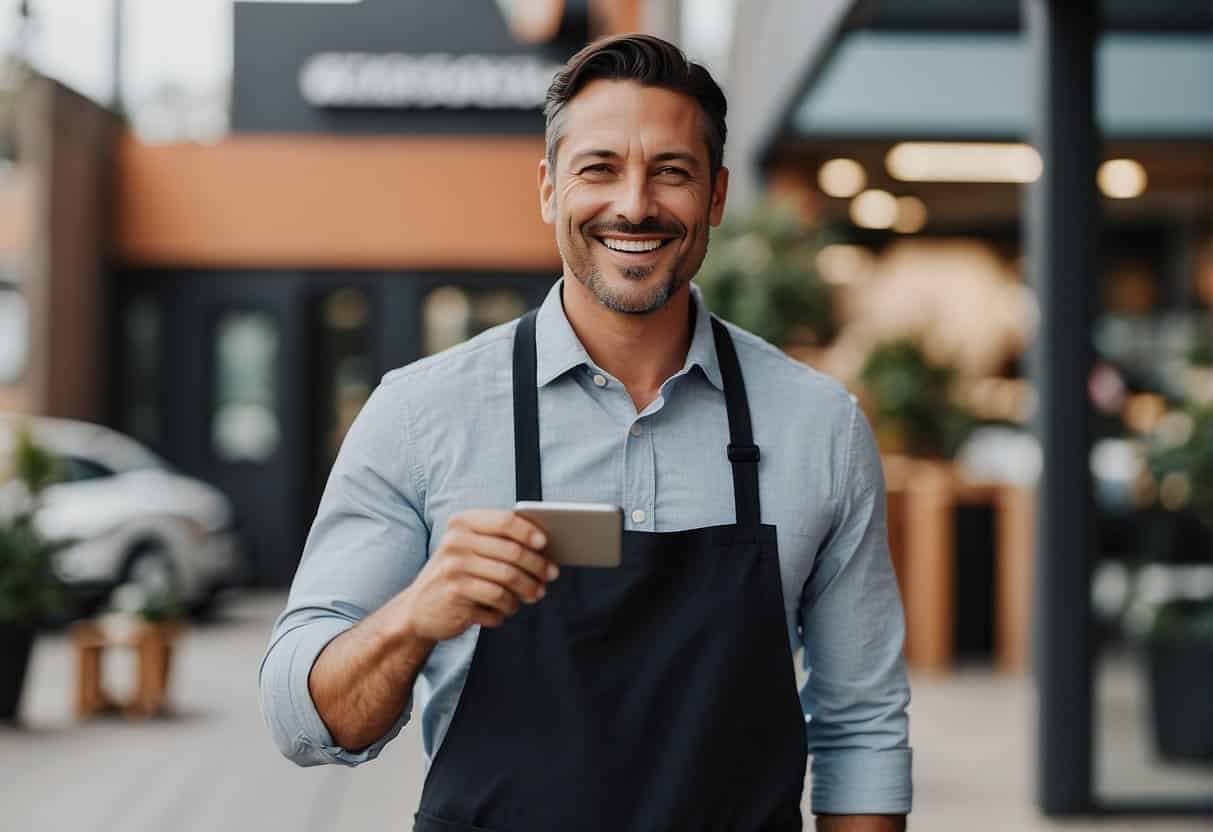 A small business owner happily manages customer relationships with affordable CRM tools, leading to improved service and retention