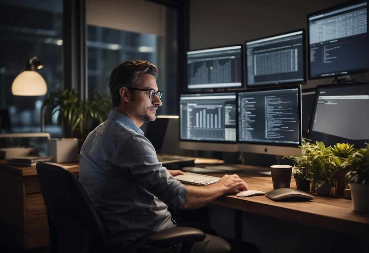 A small business owner sits at a desk, surrounded by paperwork and computer screens. They are researching budget-friendly CRM options for their company