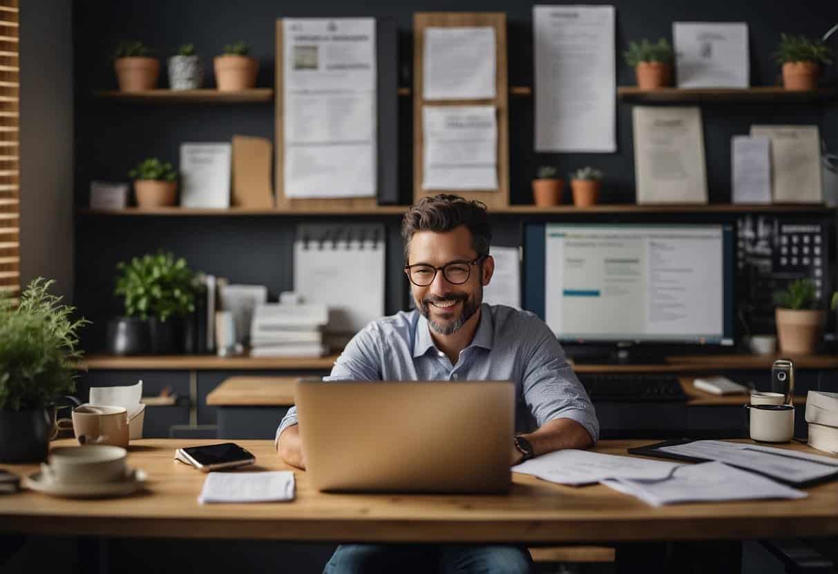 A small business owner sits at a desk, surrounded by paperwork and a laptop. They are researching budget-friendly CRM options for their SME