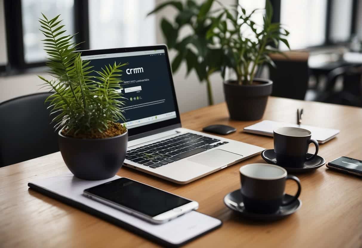 A desk with a computer displaying budget-friendly CRM software options for SMEs, surrounded by office supplies and a plant