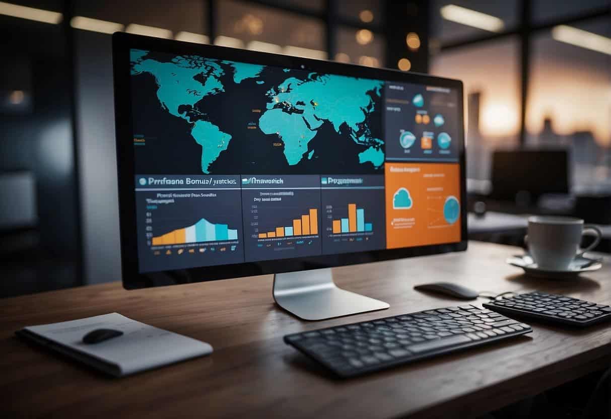 A computer screen displaying various project management tools for web design projects. Icons and charts show task progress and team collaboration
