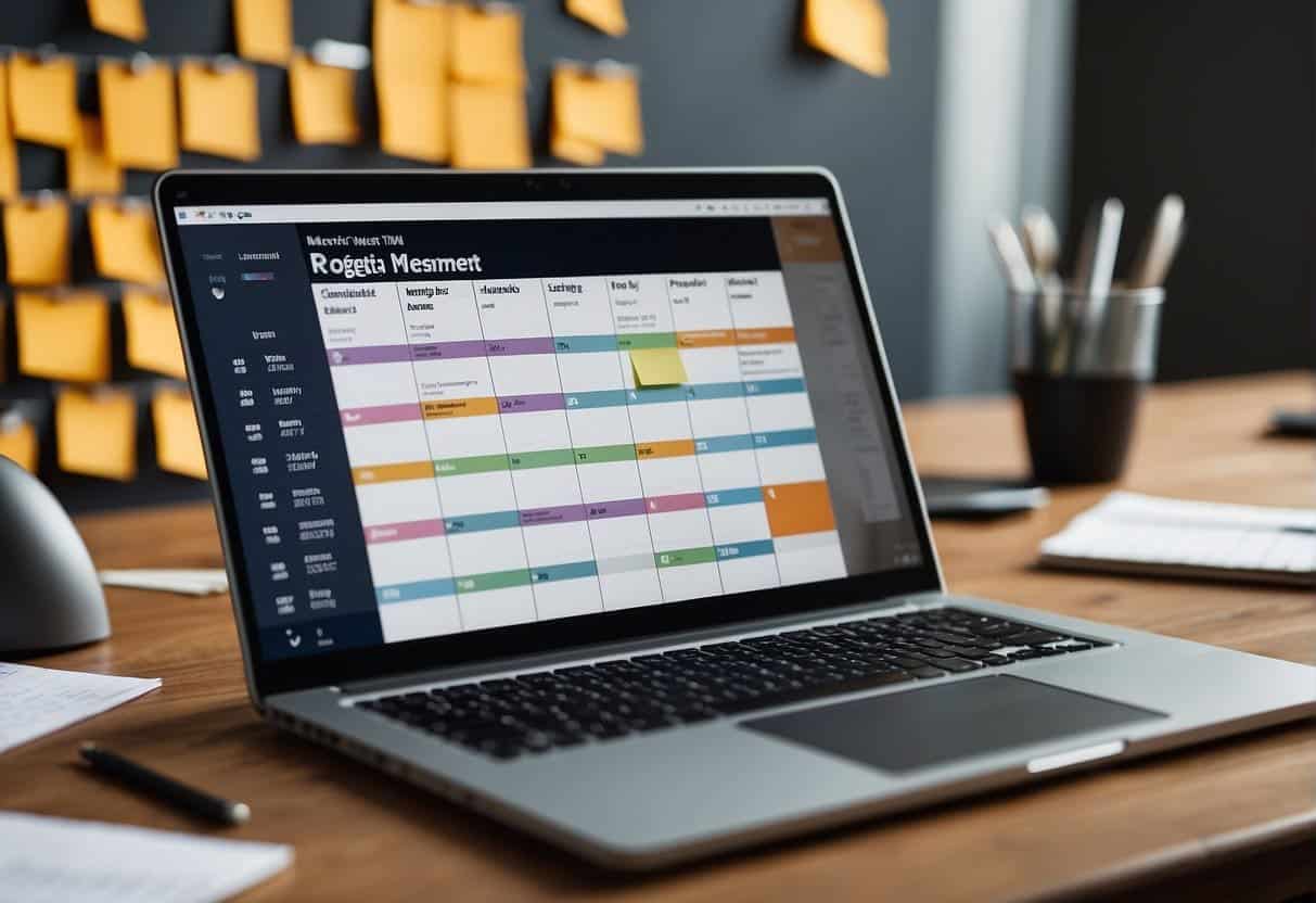 A laptop displaying a project management tool with web design projects listed, surrounded by sticky notes and a calendar