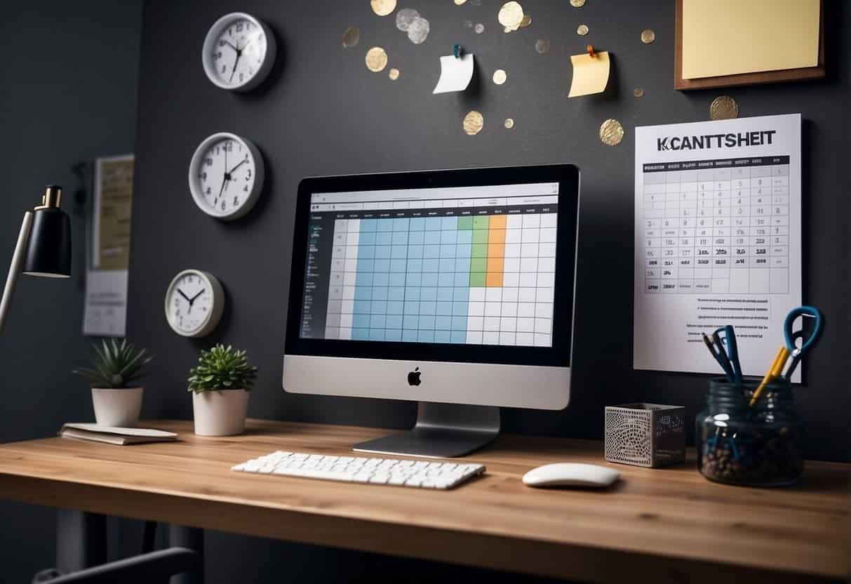 A desk with a computer, calendar, and task list. A clock on the wall shows deadlines. Gantt chart and Kanban board on the wall
