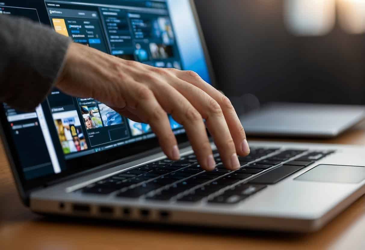 A laptop displaying WordPress, Joomla, and Drupal interfaces side by side, with a person's hand reaching for WordPress