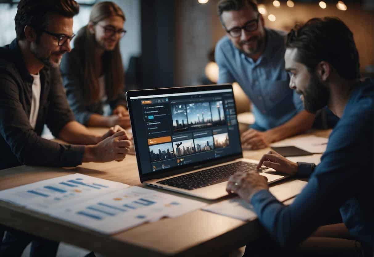 A group of designers collaboratively using UI kits to streamline their design process, sharing ideas and feedback in a creative and dynamic environment