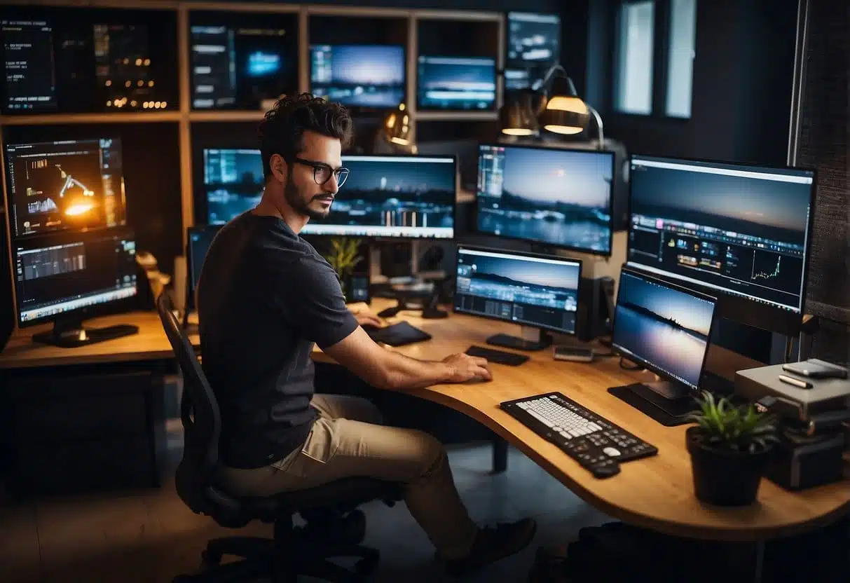 A designer surrounded by digital tools, using UI kits to streamline creative processes. Multiple screens, color palettes, and design elements in the workspace
