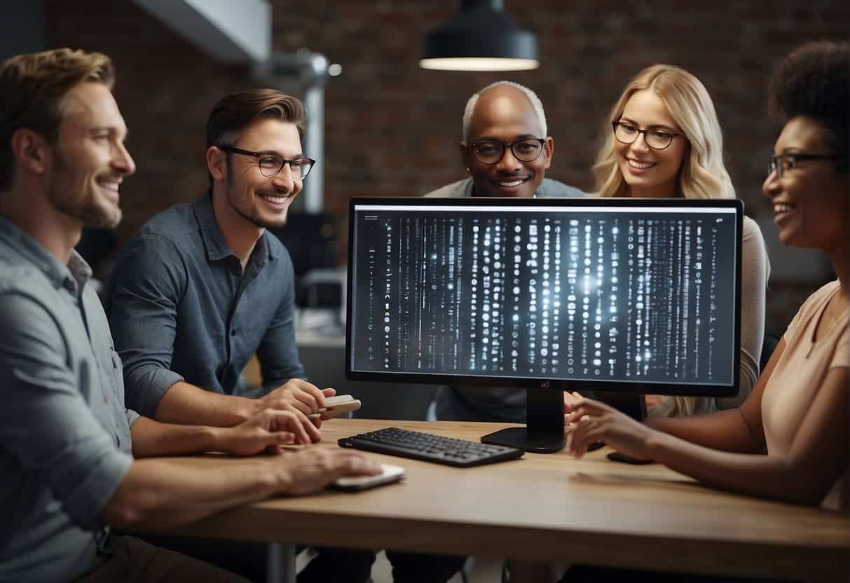 A diverse group of people using various accessibility tools to access a website, including screen readers, braille displays, and voice recognition software