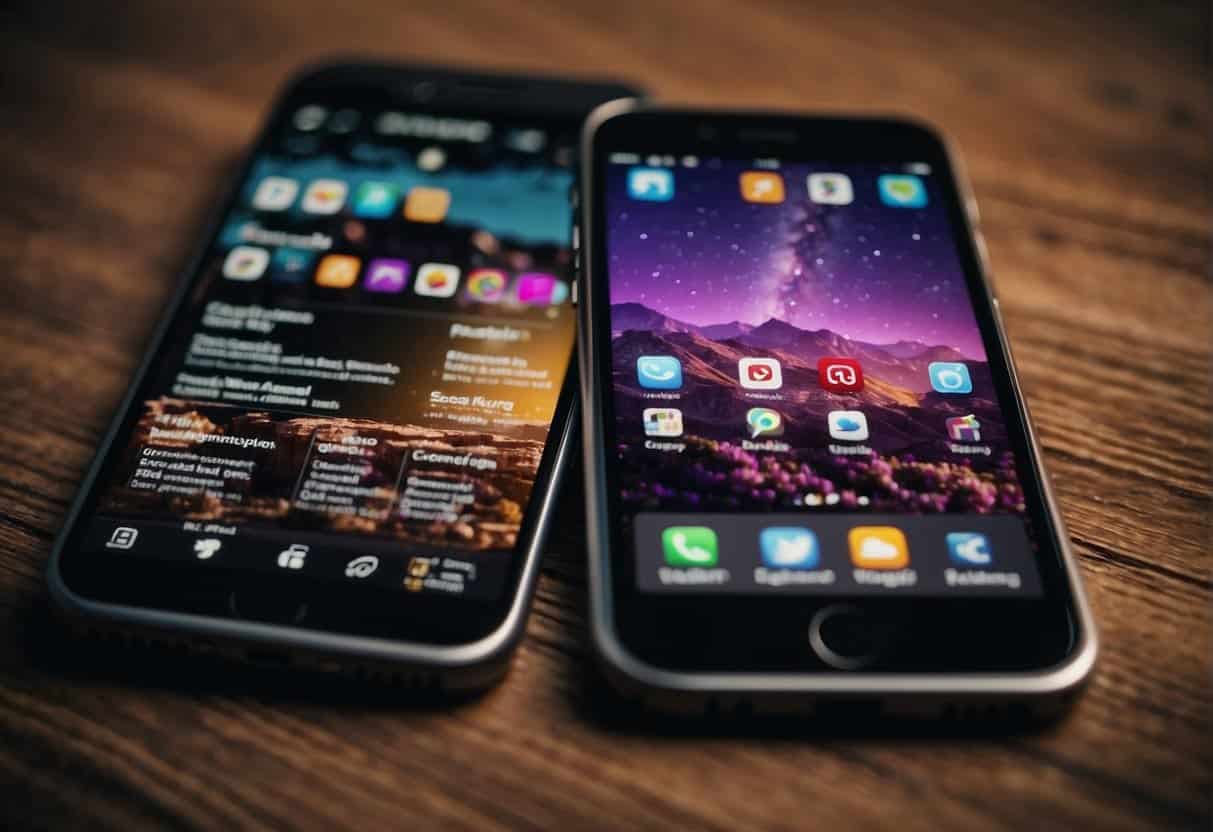 A mobile phone displaying a website, with different screen sizes and orientations, surrounded by various devices and gadgets