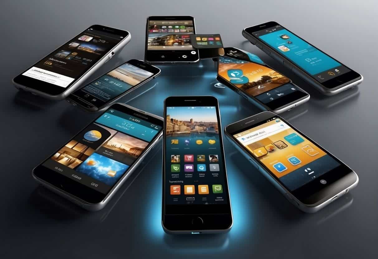 A mobile phone displaying a webpage with different layouts for various screen sizes, surrounded by icons representing different devices