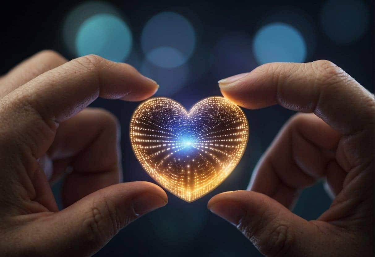 A user's finger hovers over a heart icon, which pulses and changes color as it is tapped, eliciting a positive emotional response
