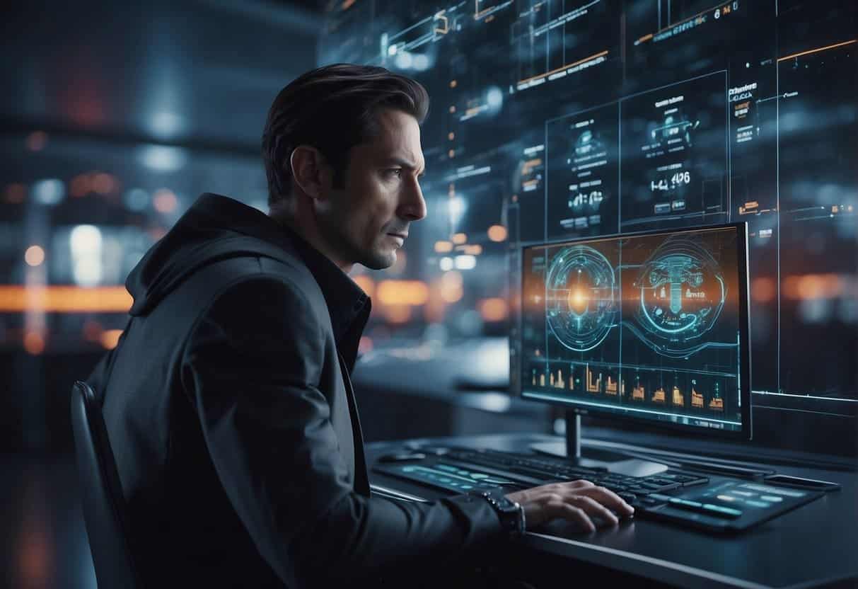A futuristic AI system scans a network for potential threats, displaying real-time predictive analytics to identify and neutralize cyber attacks