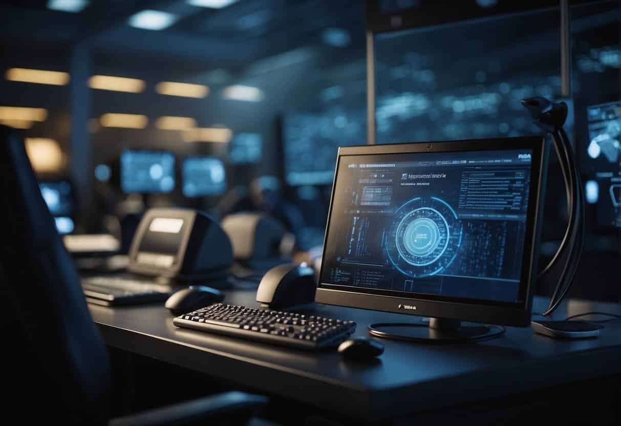 A computer system scanning for potential threats, with a shield symbolizing regulation compliance and ethical considerations in the background