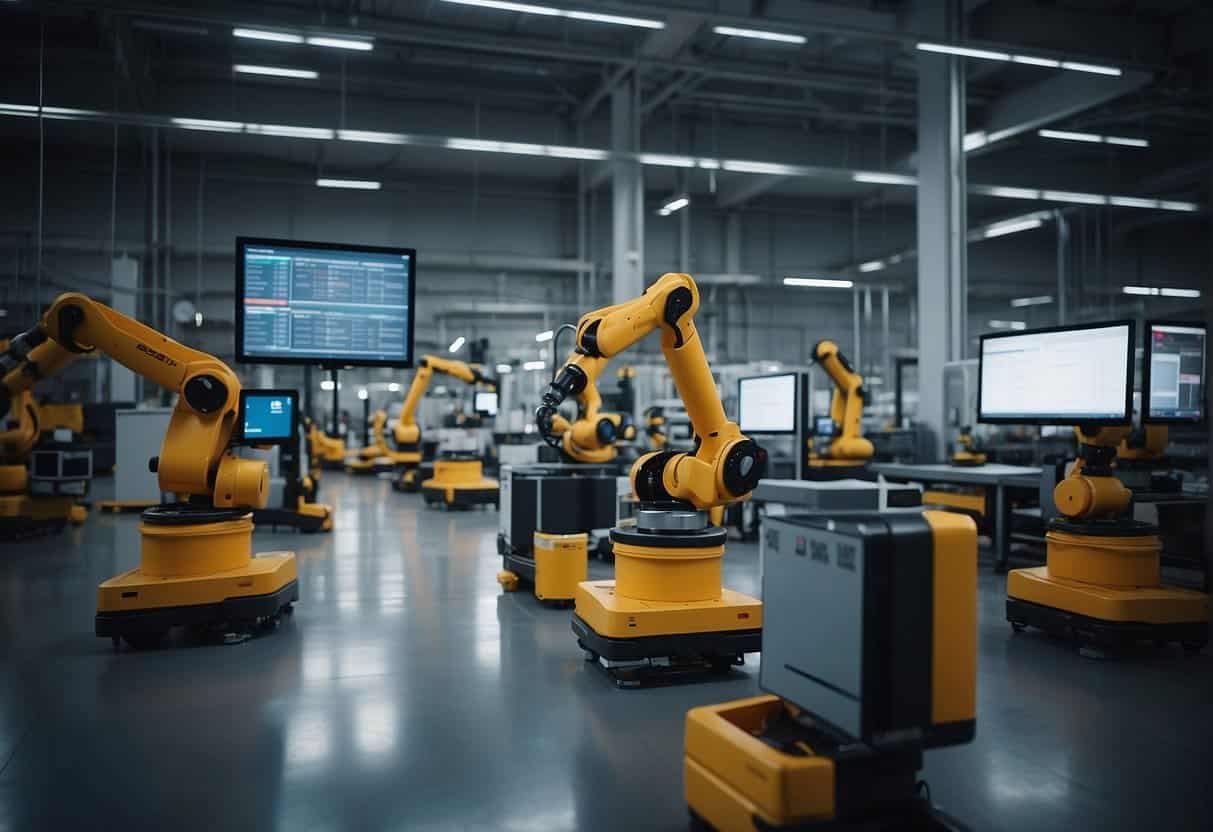 A bustling factory floor with AI-powered robots managing inventory and logistics, while managers monitor data on digital dashboards