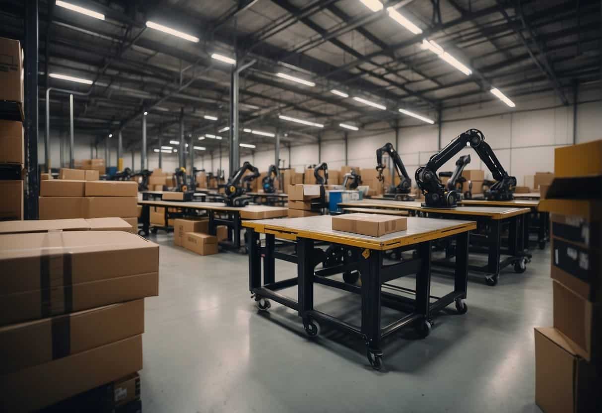 Robotic arms sorting and packing goods in a small warehouse, while drones fly overhead for inventory management
